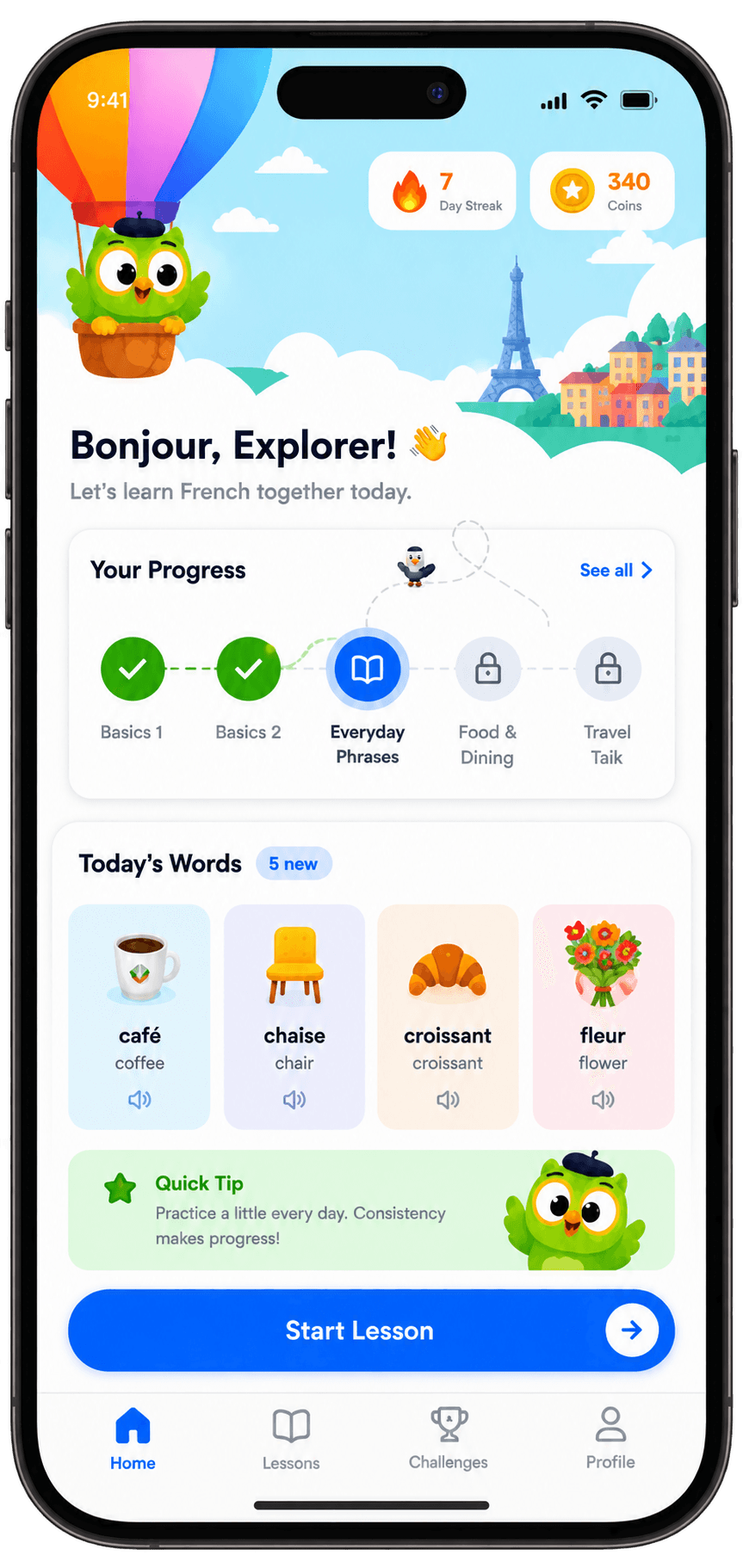 Language Learning mobile interface