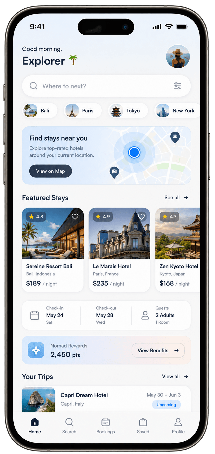 Travel & Stays mobile interface