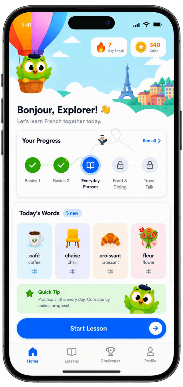 Language Learning — EdTech & Gamification mobile app interface designed by Layerser