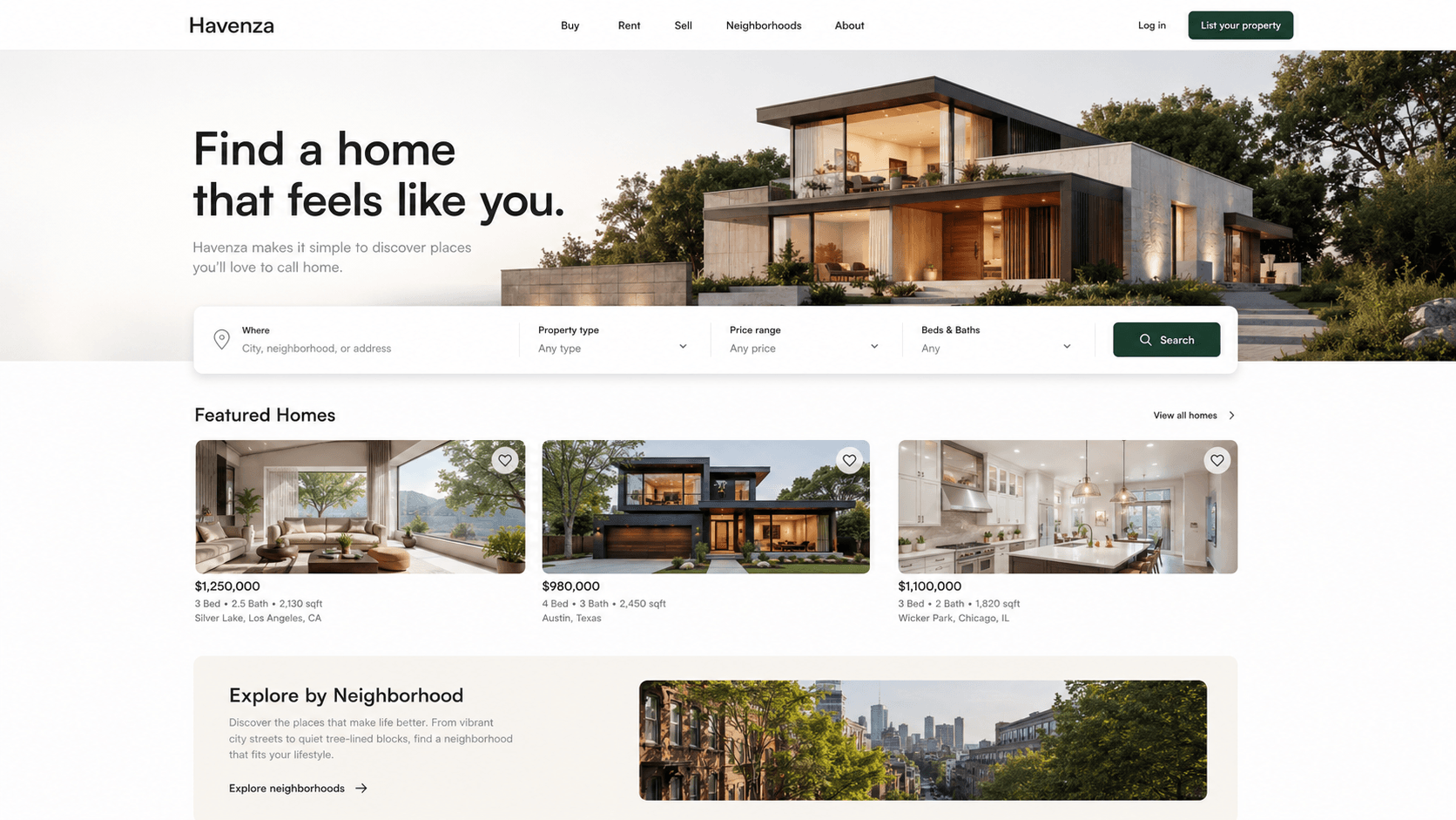 Havenza — Real Estate & Architecture website design and development by Layerser