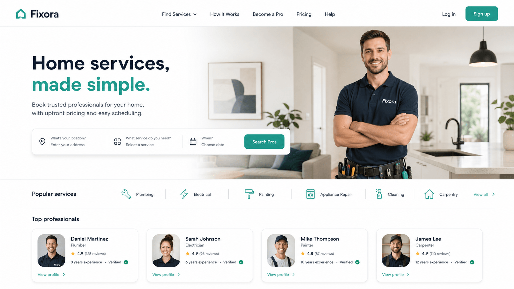 Fixora — On-Demand Home Services website design and development by Layerser