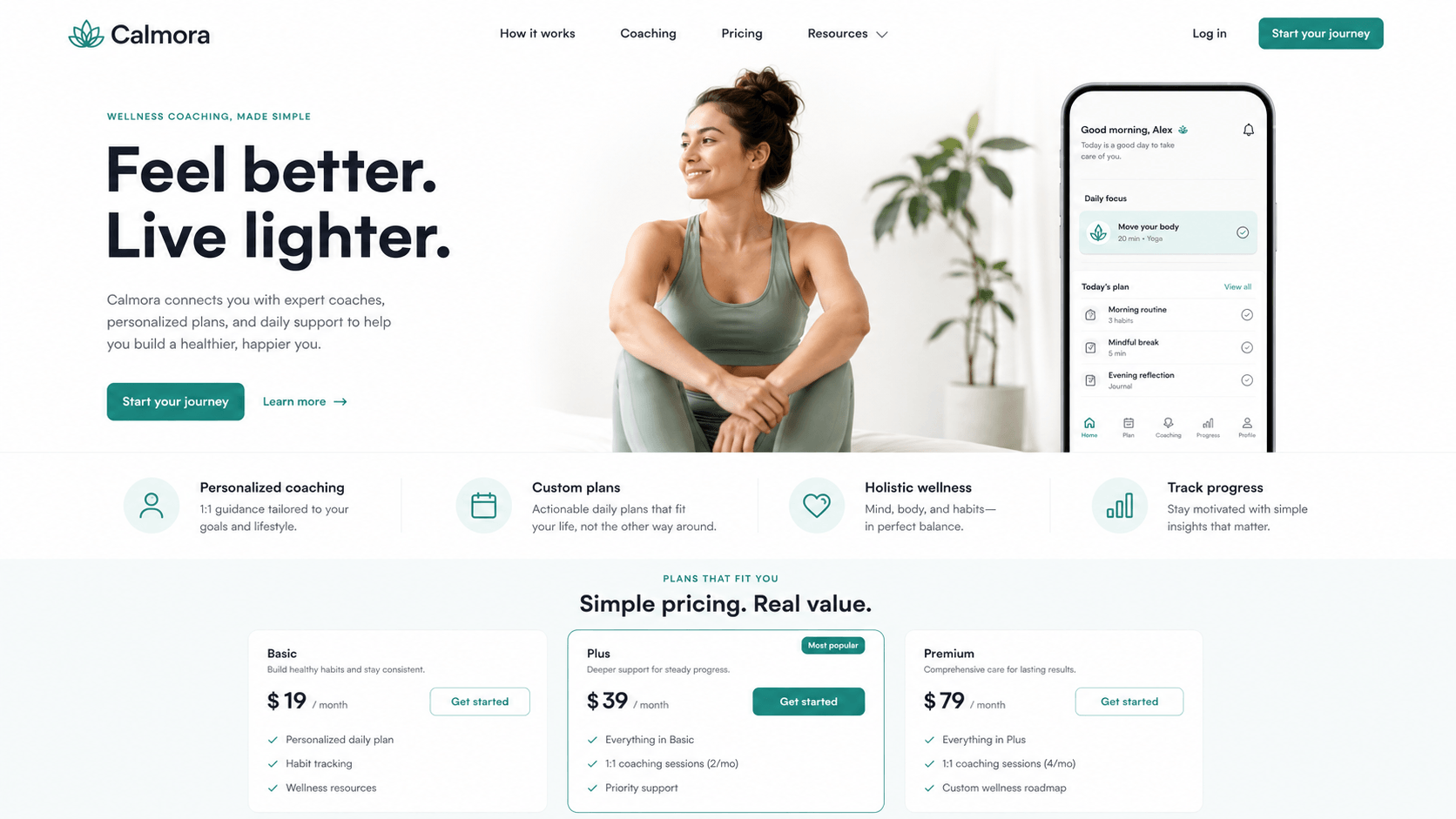Calmora — Health & Wellness Coaching website design and development by Layerser